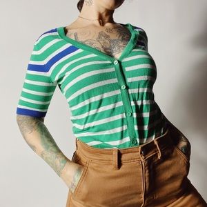 TALBOTS Short Sleeve Striped Cardigan Green Blue